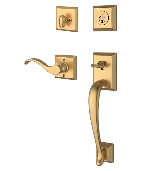 The Baldwin Reserve Napa Handleset with Interior Curve Lever with Traditional Square Rosette in Lifetime Satin Brass finish.