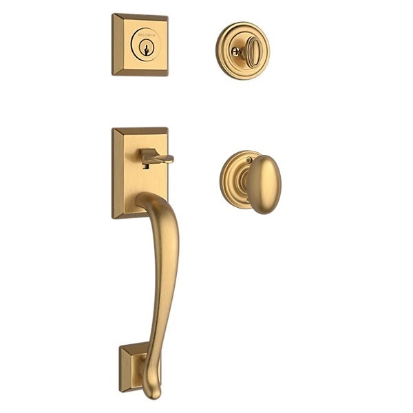 The Baldwin Reserve Napa Handleset with Interior Ellipse Knob with Traditional Round Rosette in Lifetime Satin Brass finish.