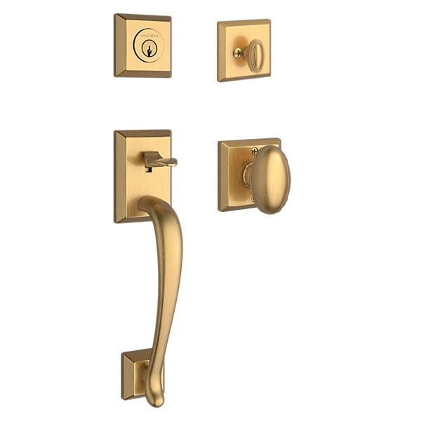 The Baldwin Reserve Napa Handleset with Interior Ellipse Knob with Traditional Square Rosette in Lifetime Satin Brass finish.