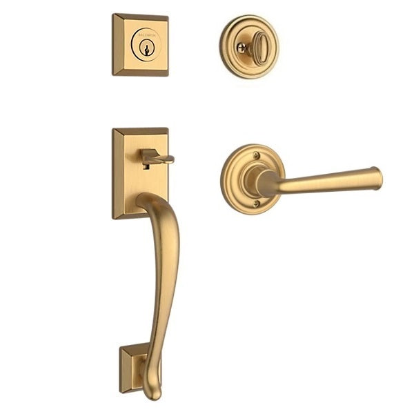 The Baldwin Reserve Napa Handleset with Interior Federal Lever with Traditional Round Rosette in Lifetime Satin Brass finish.