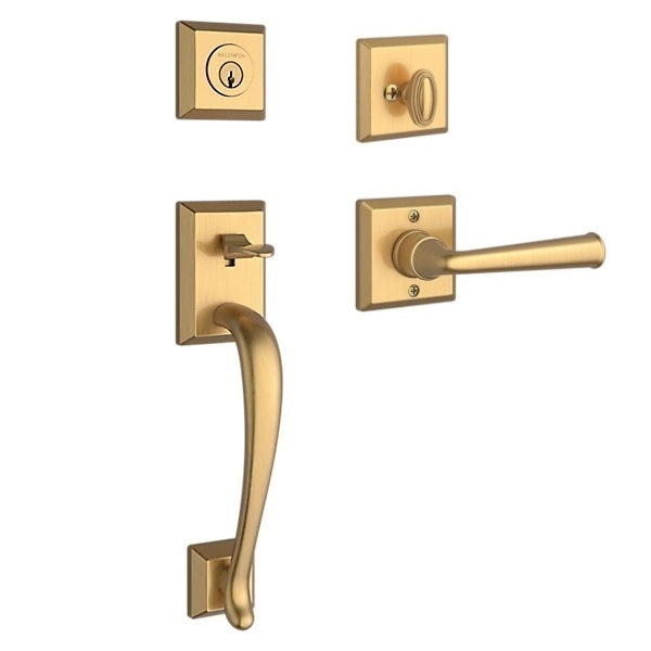 The Baldwin Reserve Napa Handleset with Interior Federal Lever with Traditional Square Rosette in Lifetime Satin Brass finish.