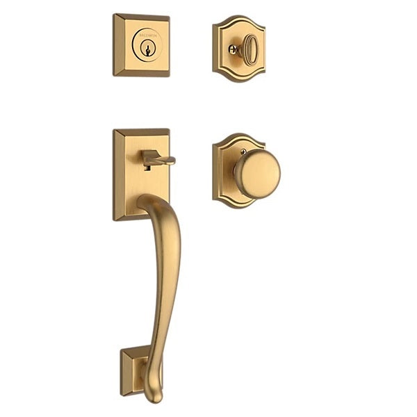 The Baldwin Reserve Napa Handleset with Interior Round Knob with Traditional Arch Rosette in Lifetime Satin Brass finish.