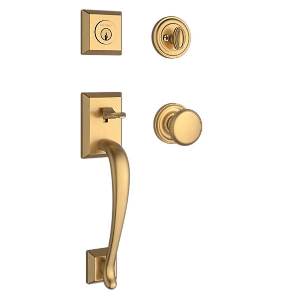 The Baldwin Reserve Napa Handleset with Interior Round Knob with Traditional Round Rosette in Lifetime Satin Brass finish.