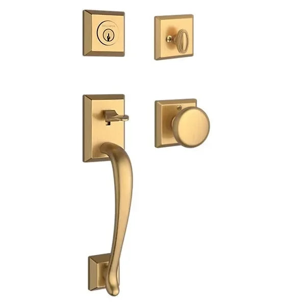 The Baldwin Reserve Napa Handleset with Interior Round Knob with Traditional Square Rosette in Lifetime Satin Brass finish.