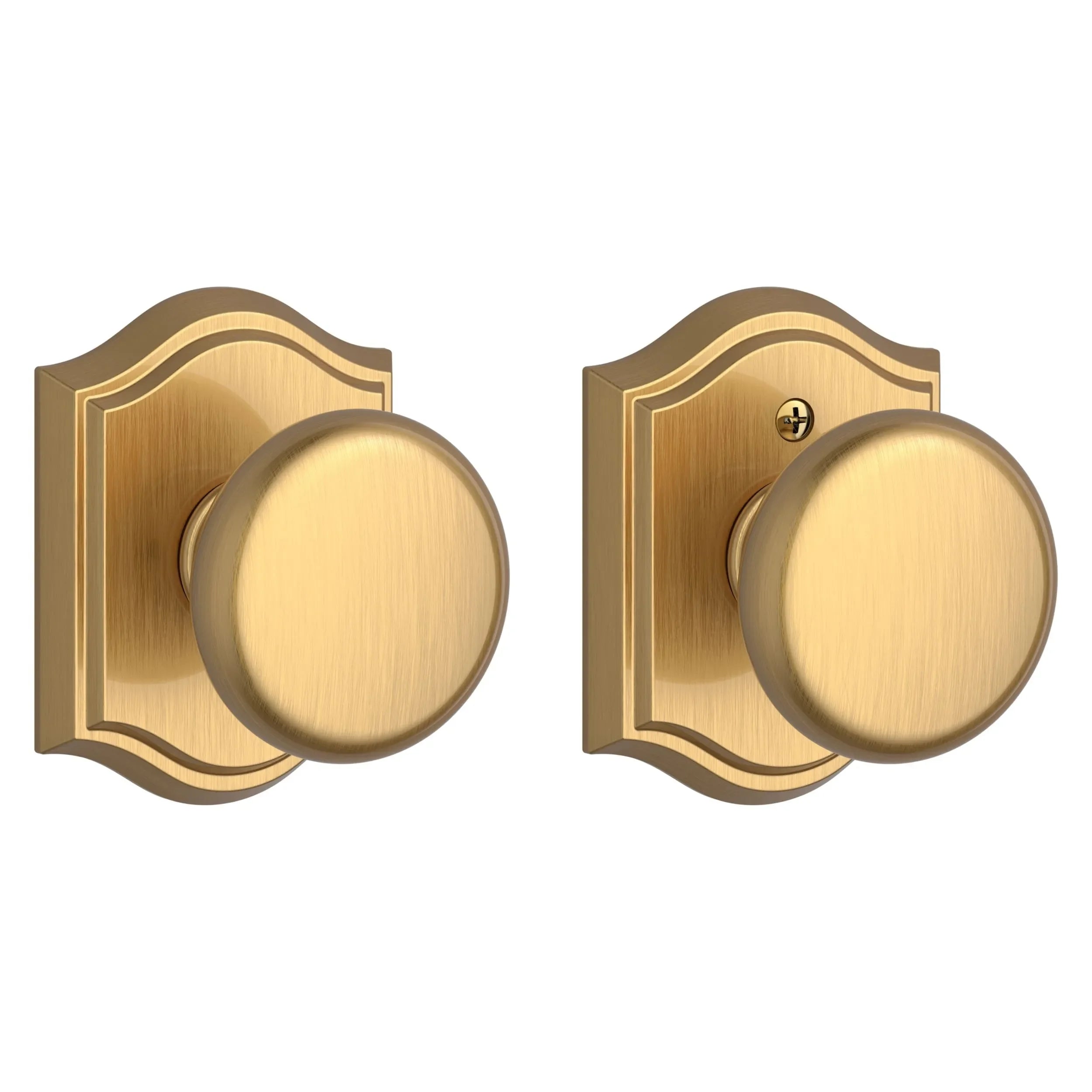 The Baldwin Reserve Round Knob with Traditional Arch Rosette in Lifetime Satin Brass finish.