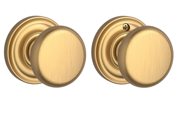 The Baldwin Reserve Round Knob with Traditional Round Rosette in Lifetime Satin Brass finish.