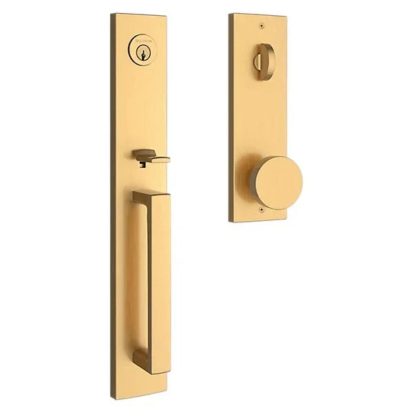 The Baldwin Reserve Santa Cruz Handleset with Interior Contemporary Knob with Contemporary Square Escutcheon in Lifetime Satin Brass finish.