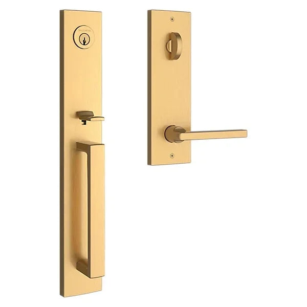 The Baldwin Reserve Santa Cruz Handleset with Interior Square Lever with Contemporary Square Escutcheon in Lifetime Satin Brass finish.