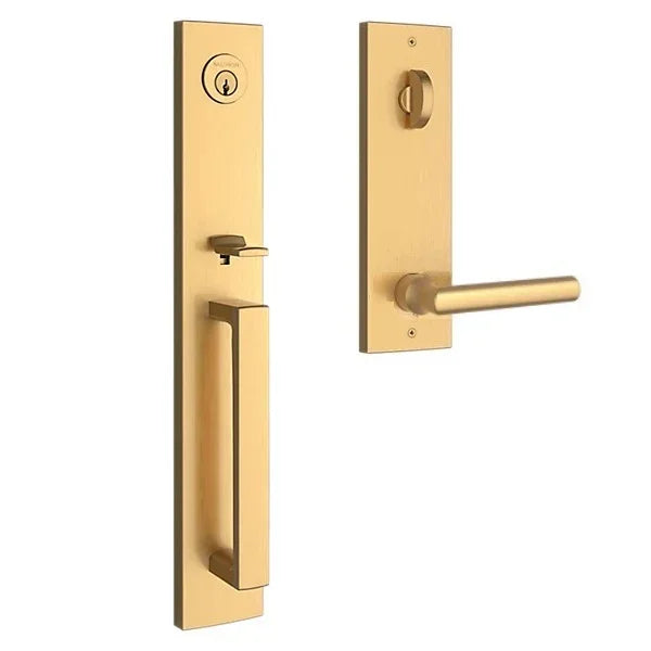 The Baldwin Reserve Santa Cruz Handleset with Interior Tube Lever with Contemporary Square Escutcheon in Lifetime Satin Brass finish.