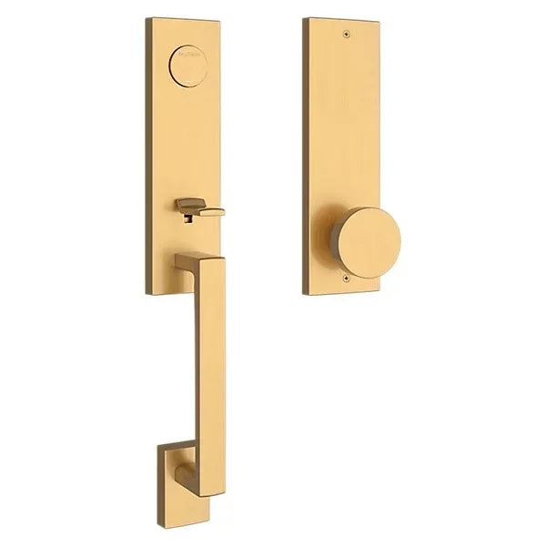 The Baldwin Reserve Seattle Handleset with Interior Contemporary Knob with Contemporary Square Escutcheon in Lifetime Satin Brass finish.
