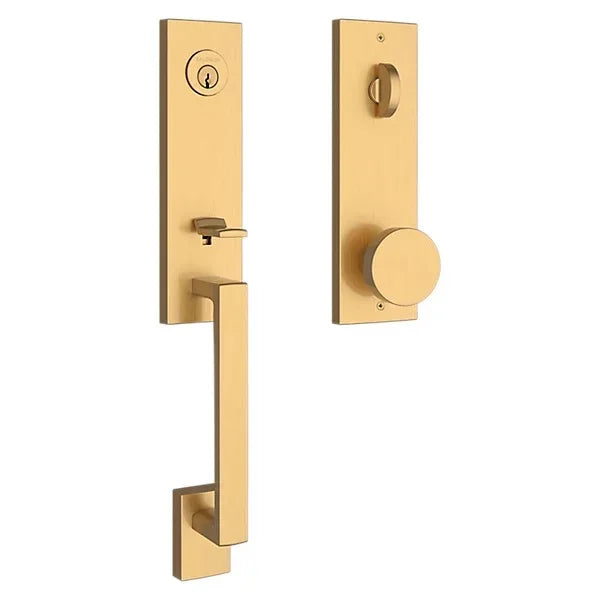 The Baldwin Reserve Seattle Handleset with Interior Contemporary Knob with Contemporary Square Escutcheon in Lifetime Satin Brass finish.