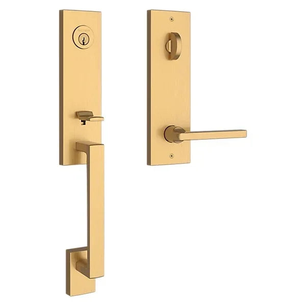 The Baldwin Reserve Seattle Handleset with Interior Square Lever with Contemporary Square Escutcheon in Lifetime Satin Brass finish.