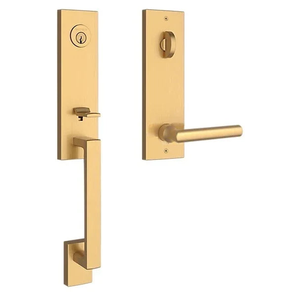 The Baldwin Reserve Seattle Handleset with Interior Tube Lever with Contemporary Square Escutcheon in Lifetime Satin Brass finish.