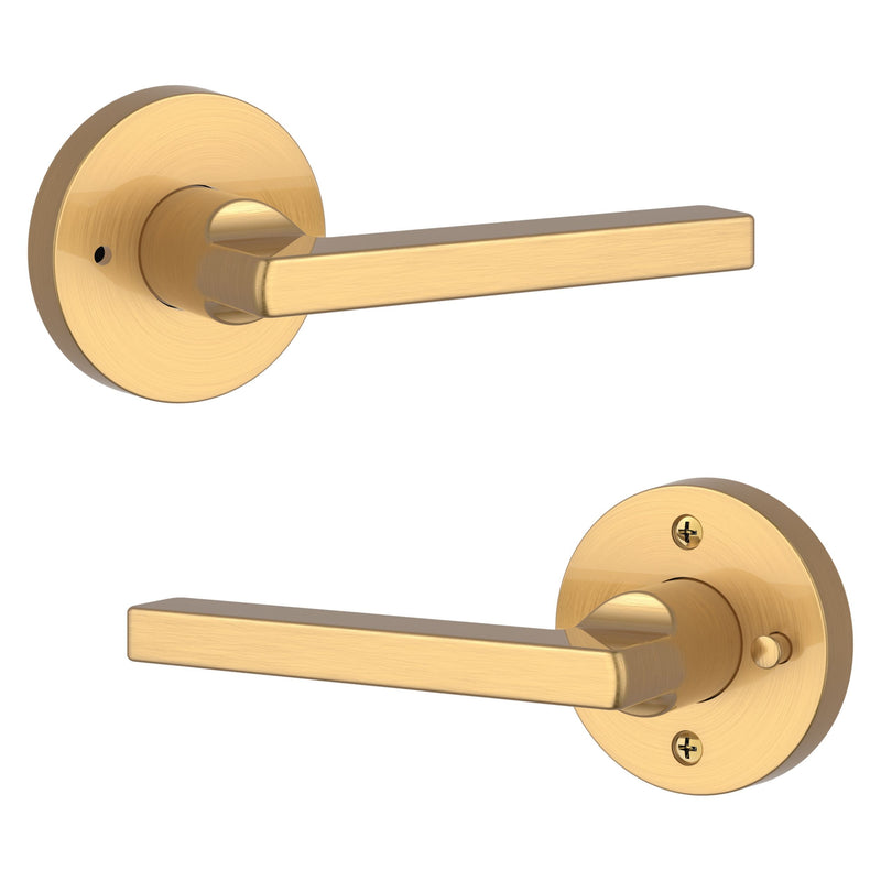 The Baldwin Reserve Square Lever with Contemporary Round Rosette in Lifetime Satin Brass finish.