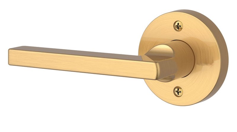 The Baldwin Reserve Square Lever with Contemporary Round Rosette in Lifetime Satin Brass finish.