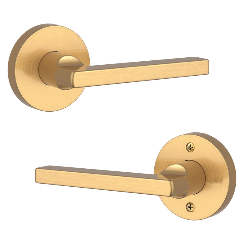 The Baldwin Reserve Square Lever with Contemporary Round Rosette in Lifetime Satin Brass finish.