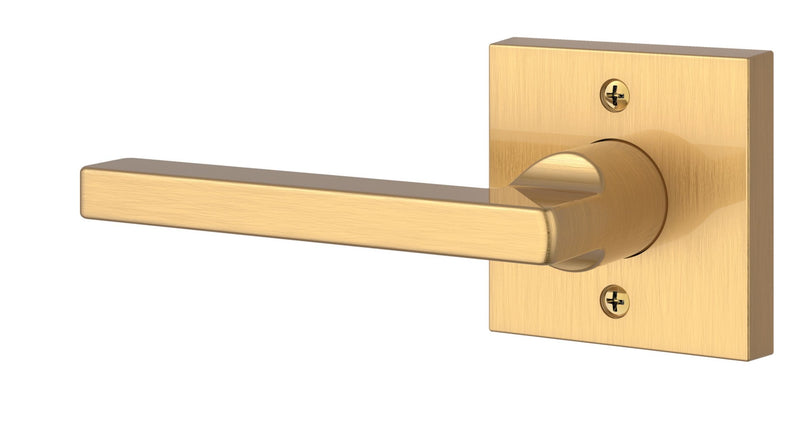 The Baldwin Reserve Square Lever with Contemporary Square Rosette in Lifetime Satin Brass finish.