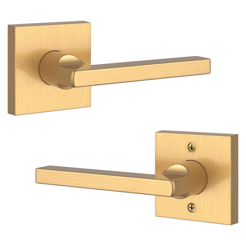 The Baldwin Reserve Square Lever with Contemporary Square Rosette in Lifetime Satin Brass finish.
