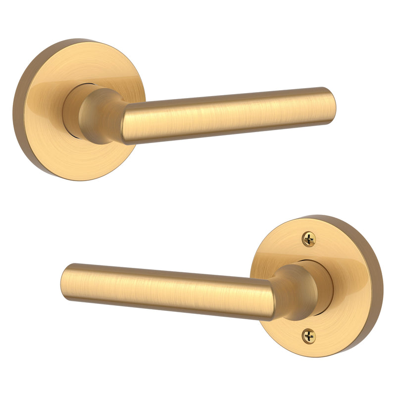 The Baldwin Reserve Tube Lever with Contemporary Round Rosette in Lifetime Satin Brass finish.
