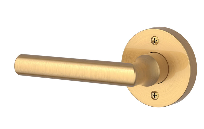 The Baldwin Reserve Tube Lever with Contemporary Round Rosette in Lifetime Satin Brass finish.