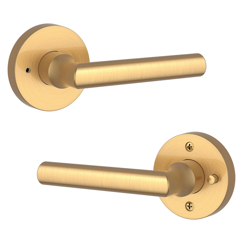 The Baldwin Reserve Tube Lever with Contemporary Round Rosette in Lifetime Satin Brass finish.