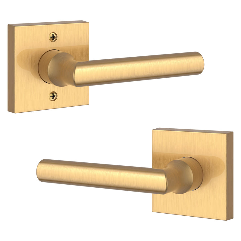 The Baldwin Reserve Tube Lever with Contemporary Square Rosette in Lifetime Satin Brass finish.