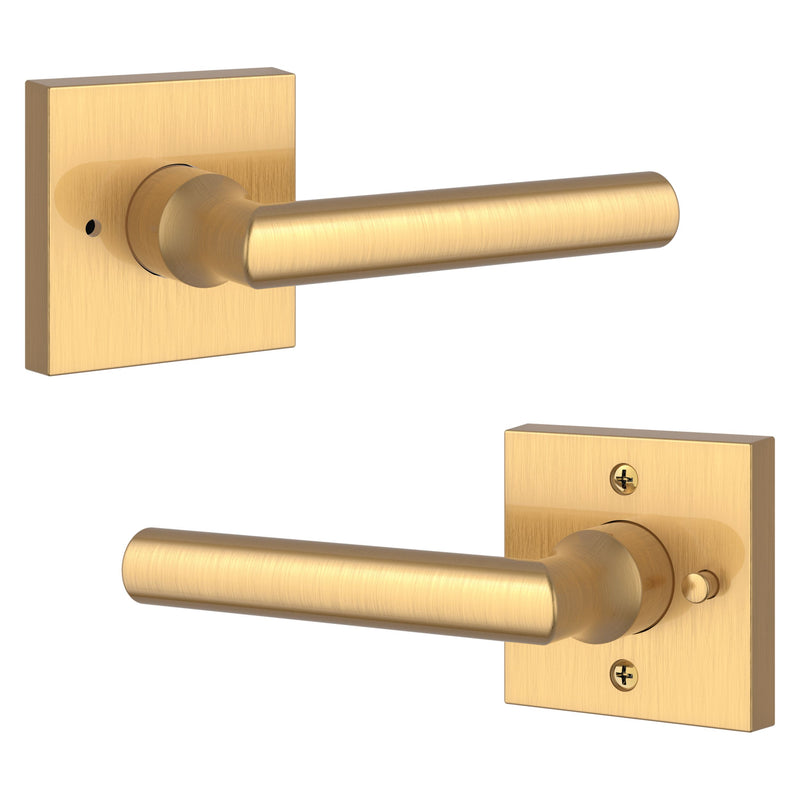The Baldwin Reserve Tube Lever with Contemporary Square Rosette in Lifetime Satin Brass finish.