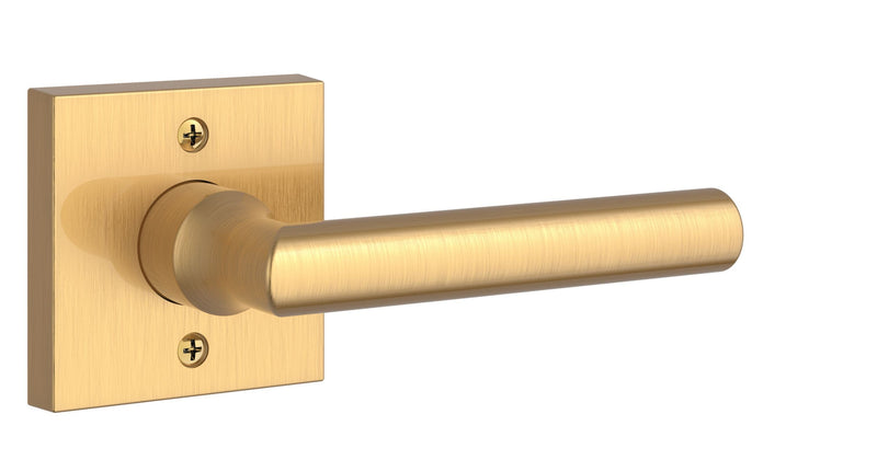 The Baldwin Reserve Tube Lever with Contemporary Square Rosette in Lifetime Satin Brass finish.