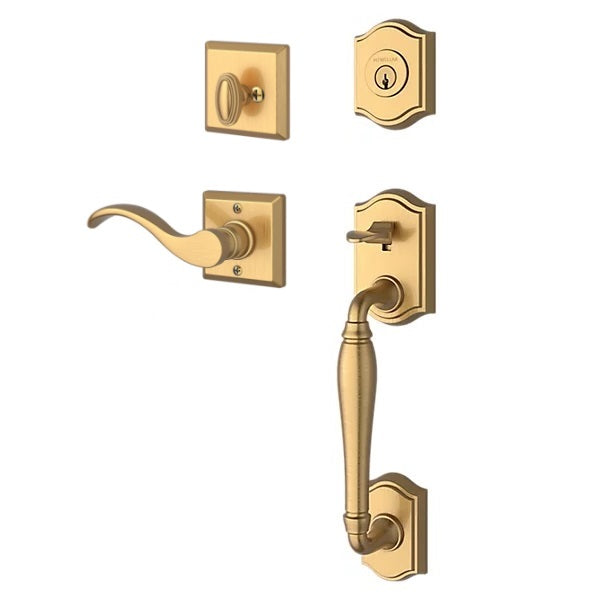 The Baldwin Reserve Westcliff Handleset with Interior Curve Lever with Traditional Square Rosette in Lifetime Satin Brass finish.