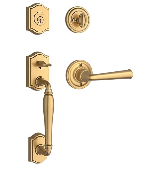 The Baldwin Reserve Westcliff Handleset with Interior Federal Lever with Traditional Round Rosette in Lifetime Satin Brass finish.