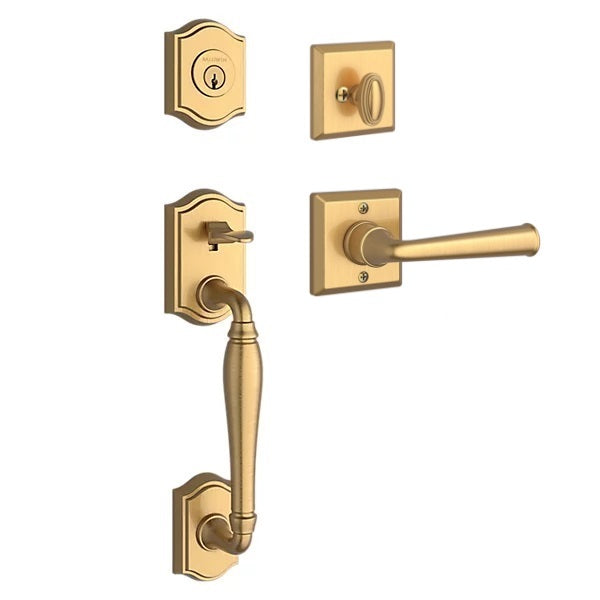 The Baldwin Reserve Westcliff Handleset with Interior Federal Lever with Traditional Square Rosette in Lifetime Satin Brass finish.