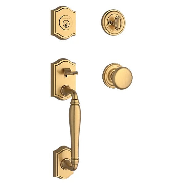 The Baldwin Reserve Westcliff Handleset with Interior Round Knob with Traditional Round Rosette in Lifetime Satin Brass finish.