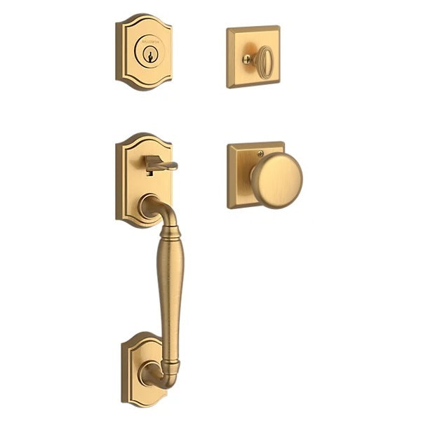 The Baldwin Reserve Westcliff Handleset with Interior Round Knob with Traditional Square Rosette in Lifetime Satin Brass finish.