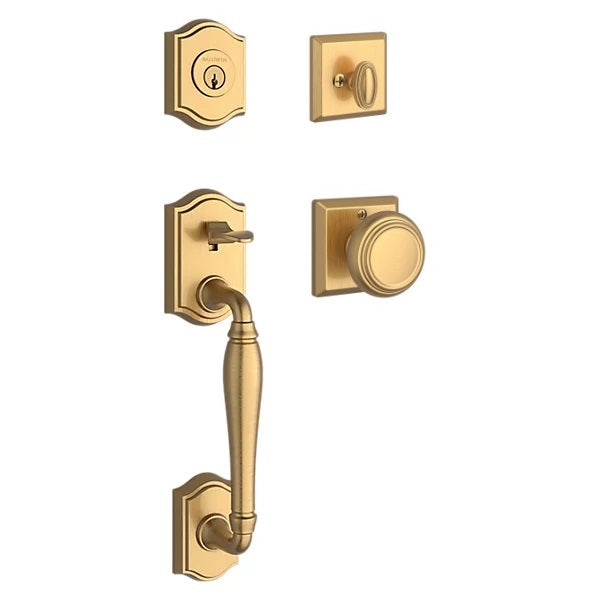 The Baldwin Reserve Westcliff Handleset with Interior Traditional Knob with Traditional Square Rosette in Lifetime Satin Brass finish.