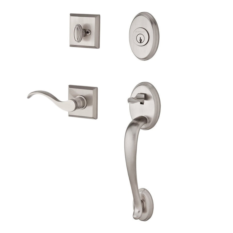 The Baldwin Reserve Columbus Handleset with Interior Curve Lever with Traditional Square Rosette in Lifetime Satin Nickel finish.