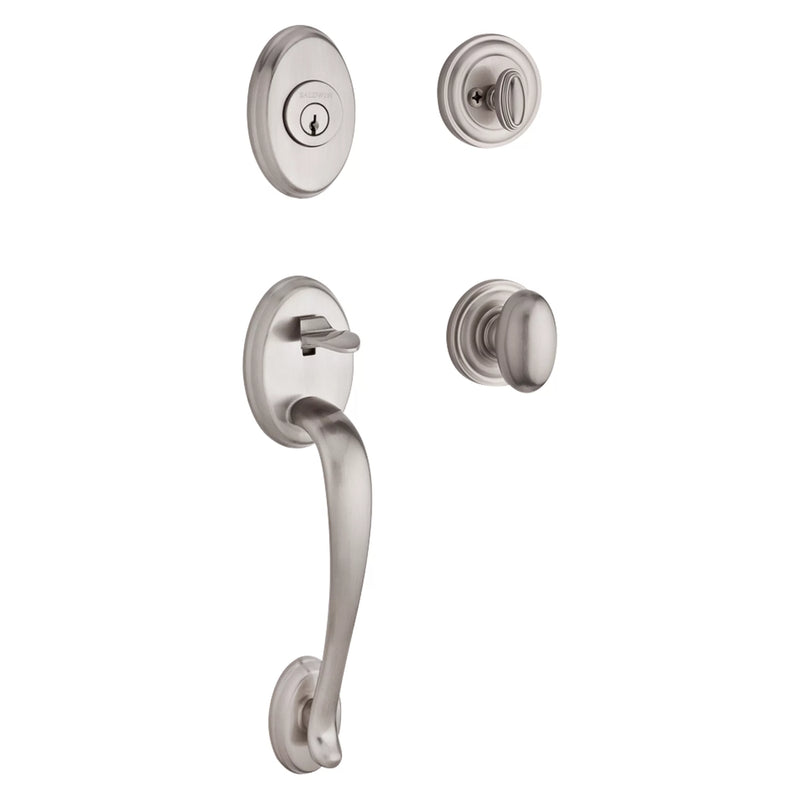 The Baldwin Reserve Columbus Handleset with Interior Ellipse Knob with Traditional Round Rosette in Lifetime Satin Nickel finish.