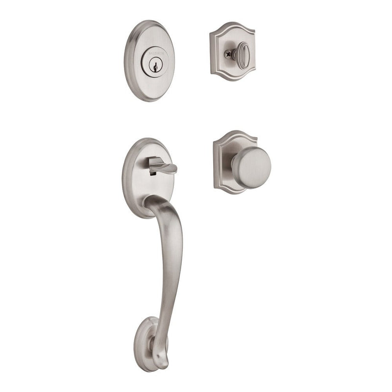 The Baldwin Reserve Columbus Handleset with Interior Round Knob with Traditional Arch Rosette in Lifetime Satin Nickel finish.