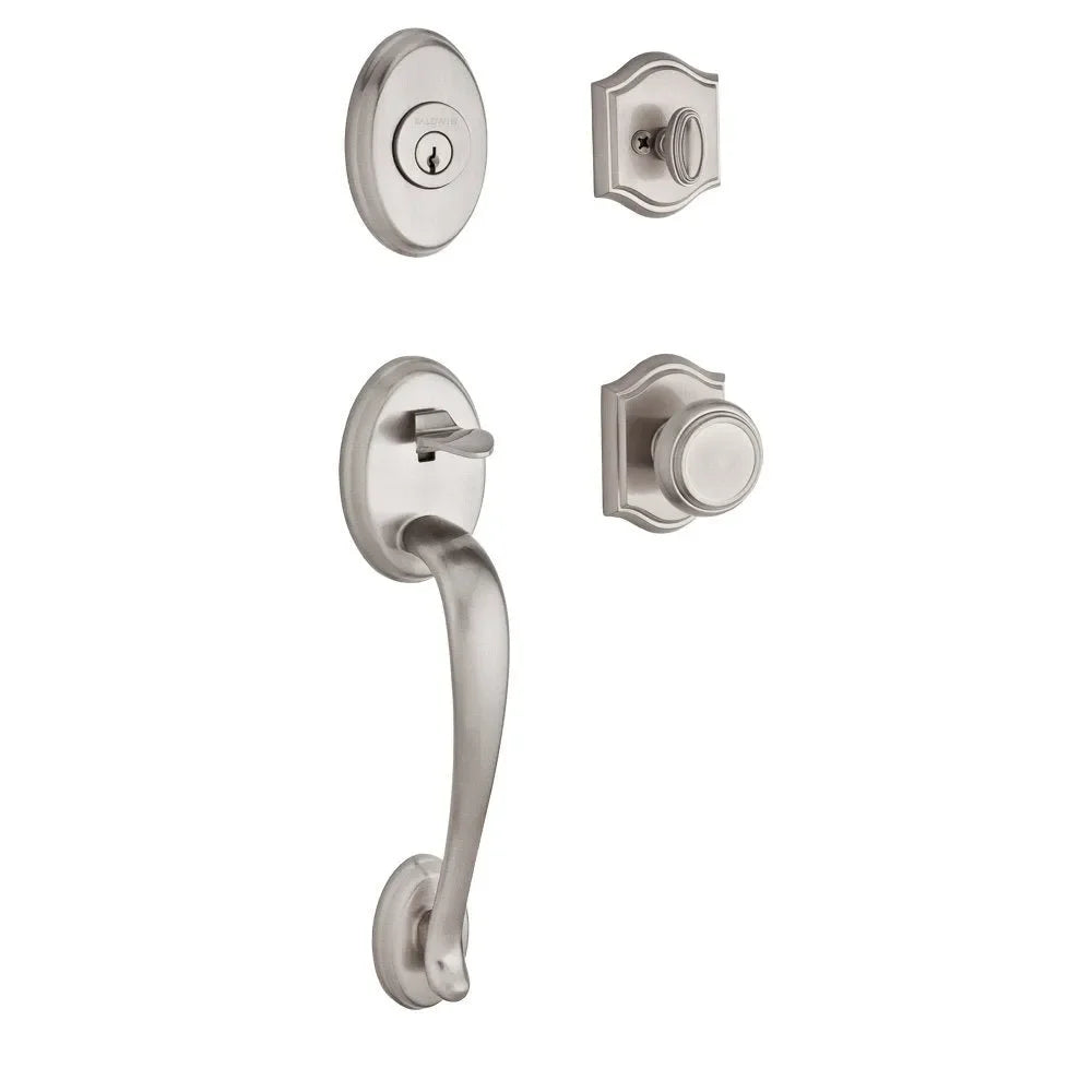 The Baldwin Reserve Columbus Handleset with Interior Traditional Knob with Traditional Arch Rosette in Lifetime Satin Nickel finish.