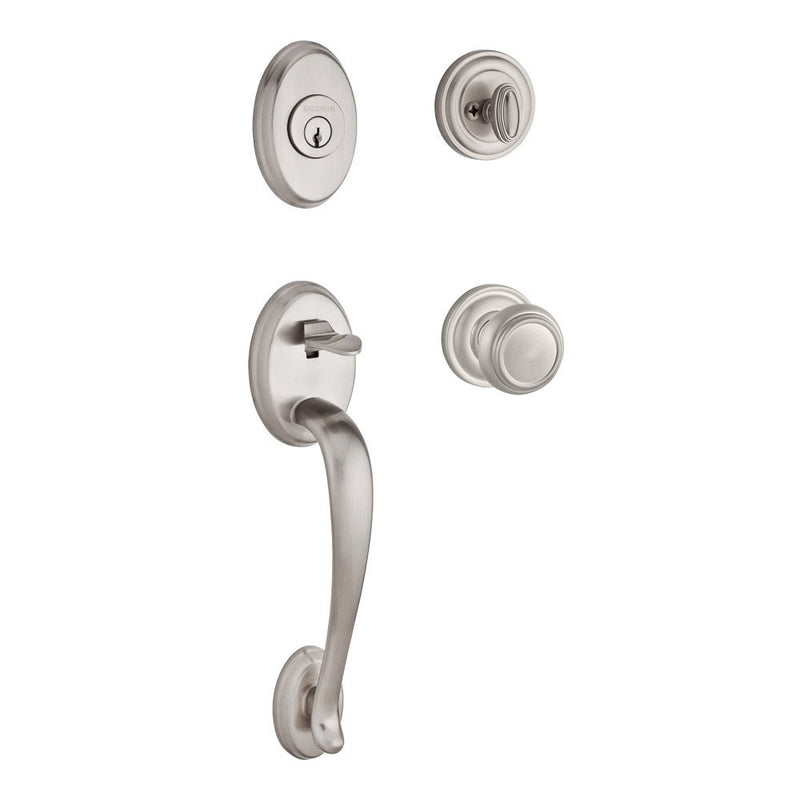 The Baldwin Reserve Columbus Handleset with Interior Traditional Knob with Traditional Round Rosette in Lifetime Satin Nickel finish.