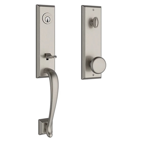 The Baldwin Reserve Del Mar Handleset with Interior Round Knob with Square Bevel Rosette in Lifetime Satin Nickel finish.