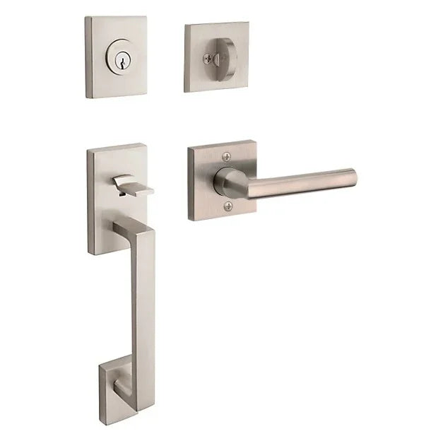The Baldwin Reserve La Jolla Handleset with Interior Tube Lever with Contemporary Square Rosette in Lifetime Satin Nickel finish.
