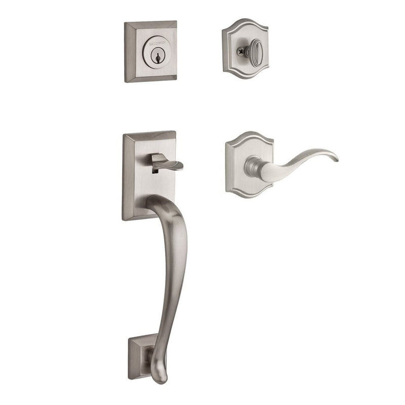 The Baldwin Reserve Napa Handleset with Interior Curve Lever with Traditional Arch Rosette in Lifetime Satin Nickel finish.