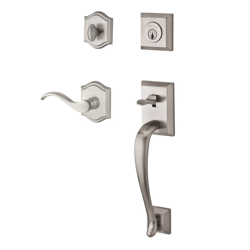 The Baldwin Reserve Napa Handleset with Interior Curve Lever with Traditional Arch Rosette in Lifetime Satin Nickel finish.