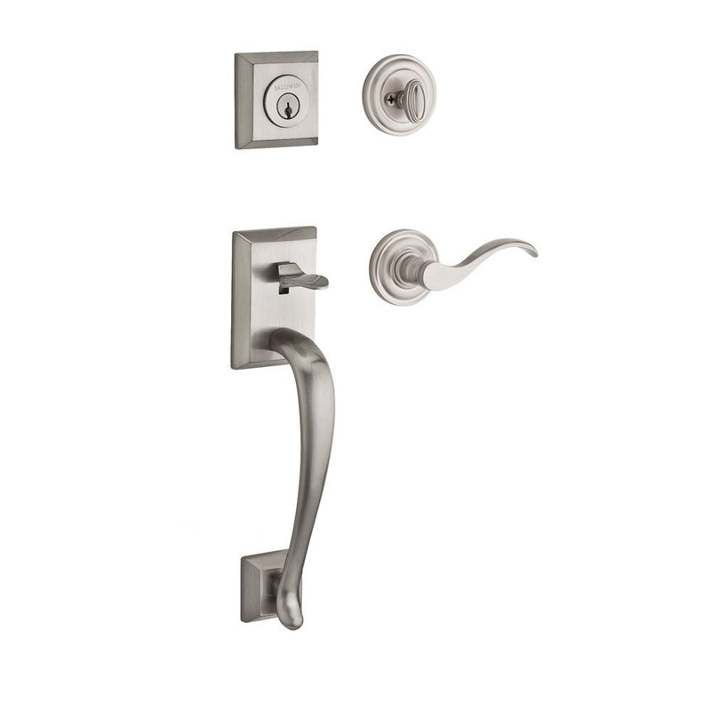 The Baldwin Reserve Napa Handleset with Interior Curve Lever with Traditional Round Rosette in Lifetime Satin Nickel finish.