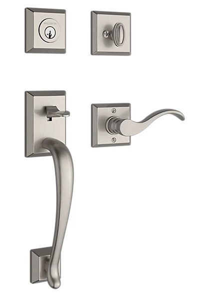 The Baldwin Reserve Napa Handleset with Interior Curve Lever with Traditional Square Rosette in Lifetime Satin Nickel finish.