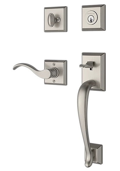 The Baldwin Reserve Napa Handleset with Interior Curve Lever with Traditional Square Rosette in Lifetime Satin Nickel finish.