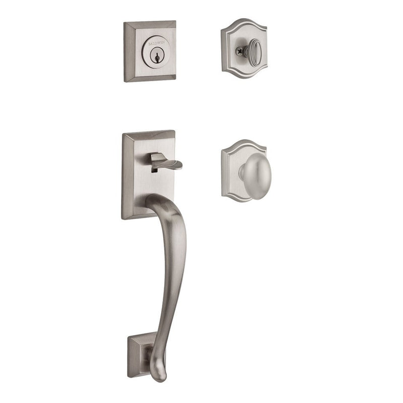 The Baldwin Reserve Napa Handleset with Interior Ellipse Knob with Traditional Arch Rosette in Lifetime Satin Nickel finish.