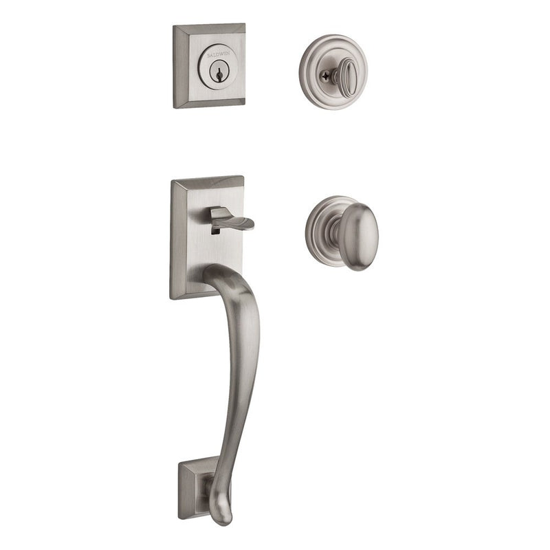 The Baldwin Reserve Napa Handleset with Interior Ellipse Knob with Traditional Round Rosette in Lifetime Satin Nickel finish.