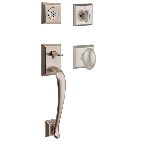 The Baldwin Reserve Napa Handleset with Interior Ellipse Knob with Traditional Square Rosette in Lifetime Satin Nickel finish.