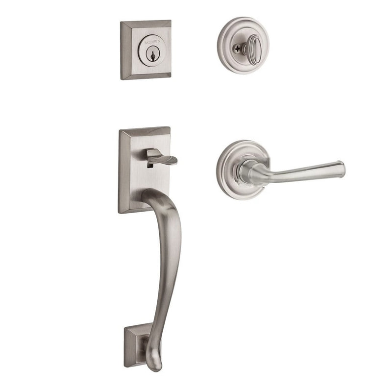 The Baldwin Reserve Napa Handleset with Interior Federal Lever with Traditional Round Rosette in Lifetime Satin Nickel finish.